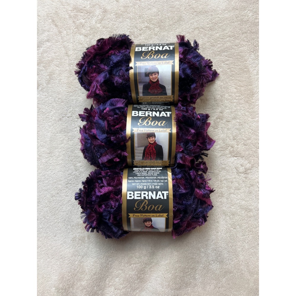 Bernat Boa Yarn Parrot Purple Multi Bulky 5 Eyelash 3 Skeins Lot 100g 129yd
